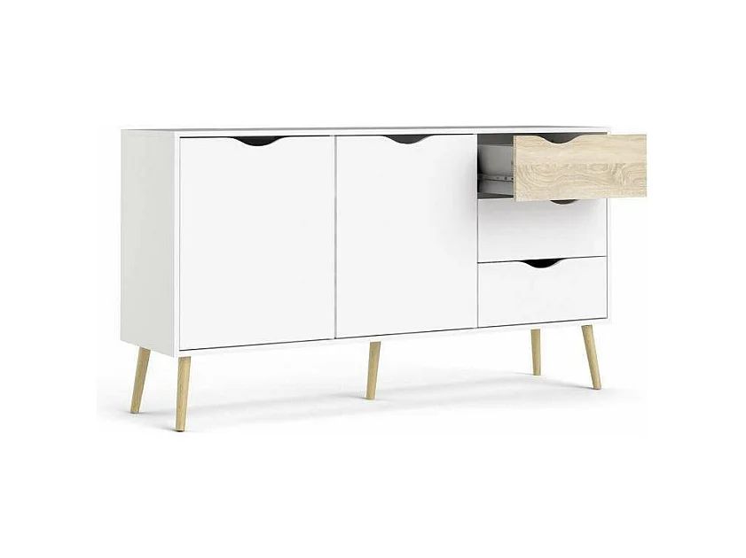 Dressoir met twee deuren en drie laden, wit en eikenhout, afmeting 147 x 81 x 39 cm