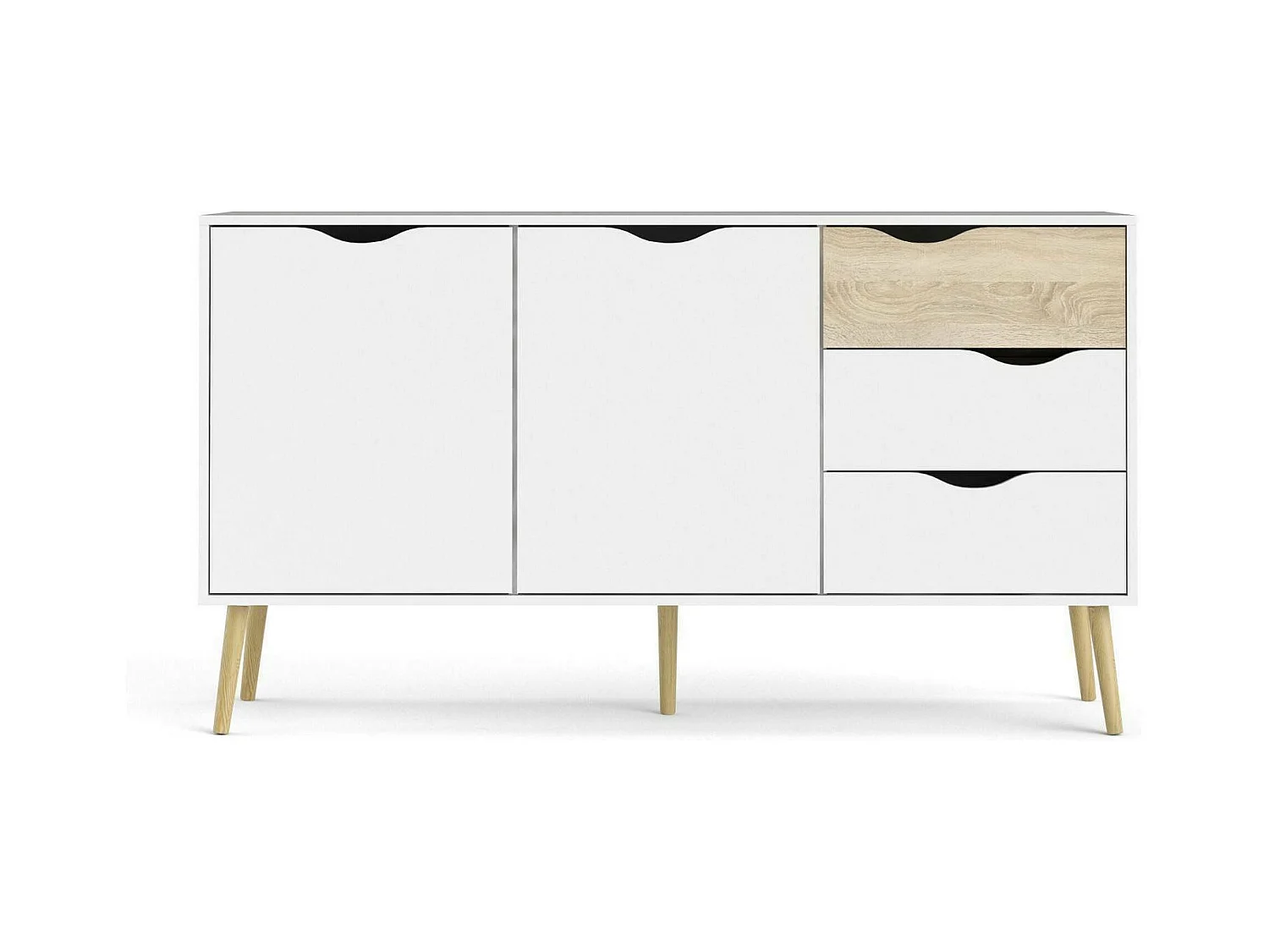 Dressoir met twee deuren en drie laden, wit en eikenhout, afmeting 147 x 81 x 39 cm