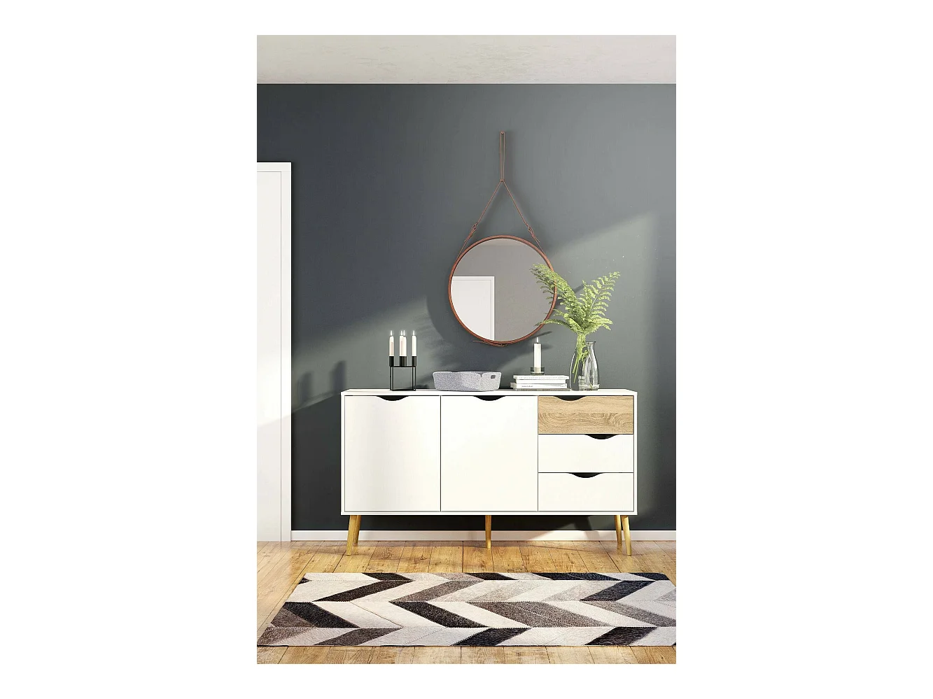 Dressoir met twee deuren en drie laden, wit en eikenhout, afmeting 147 x 81 x 39 cm