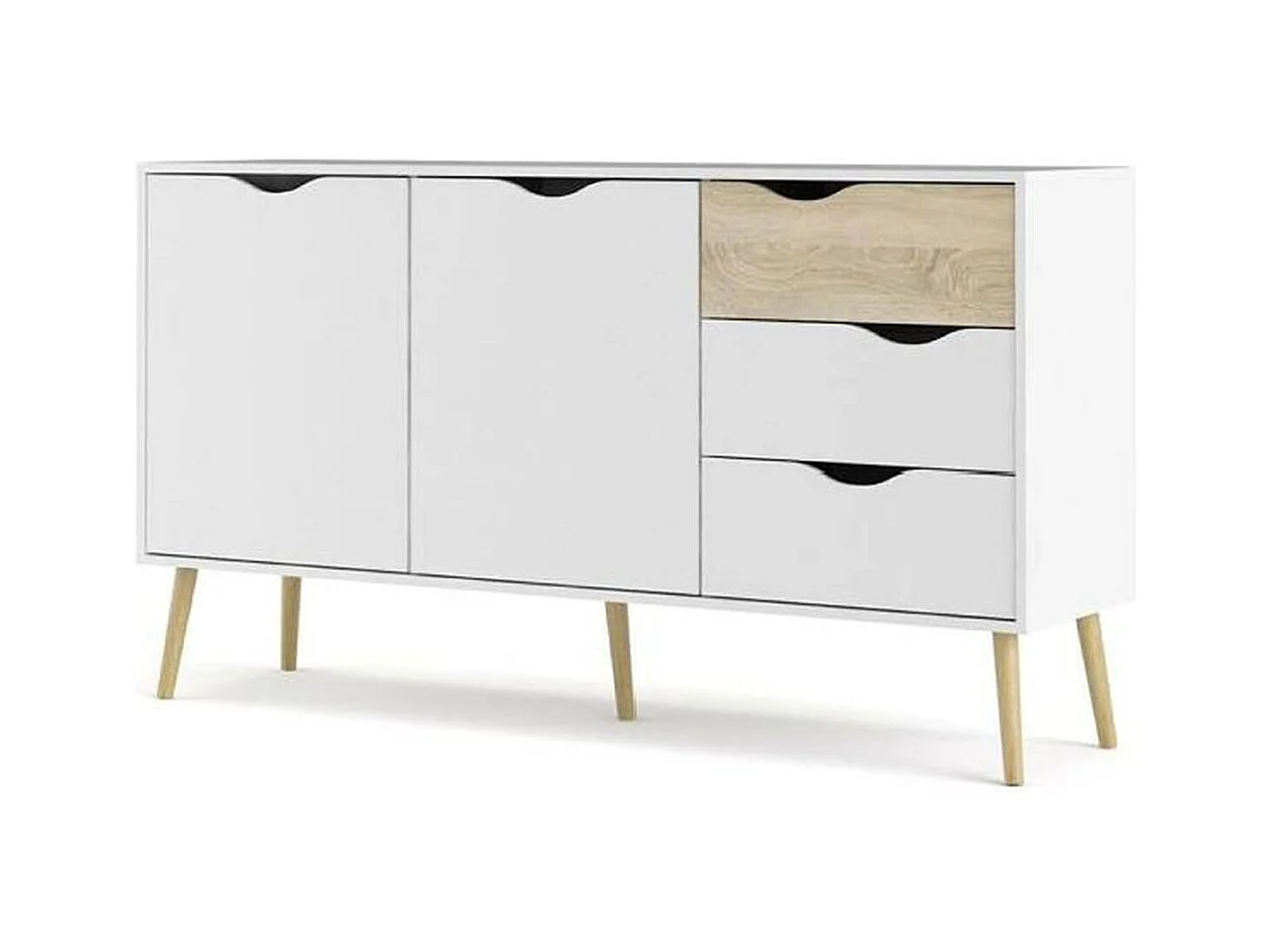 Buffet avec deux portes et trois tiroirs, blanc et chêne, Dimensions 147 x 81 x 39 cm