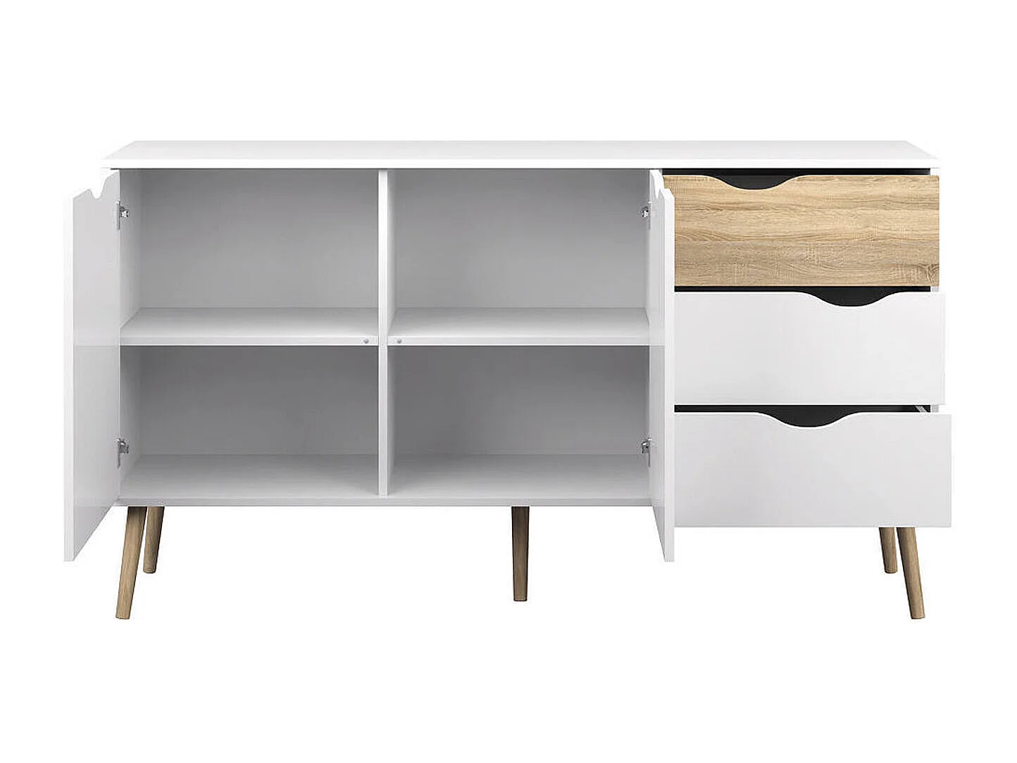 Buffet avec deux portes et trois tiroirs, blanc et chêne, Dimensions 147 x 81 x 39 cm