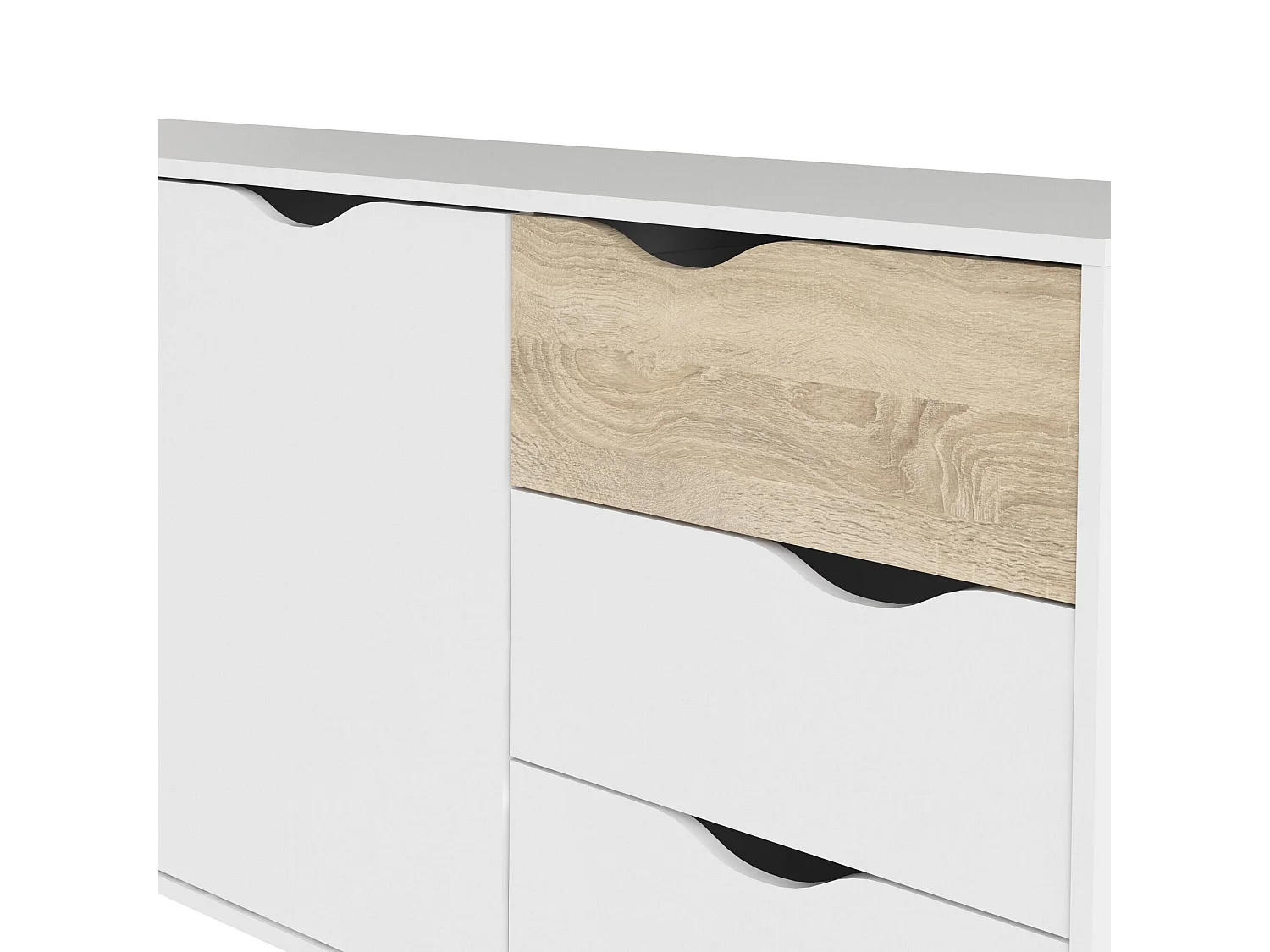 Buffet avec deux portes et trois tiroirs, blanc et chêne, Dimensions 147 x 81 x 39 cm