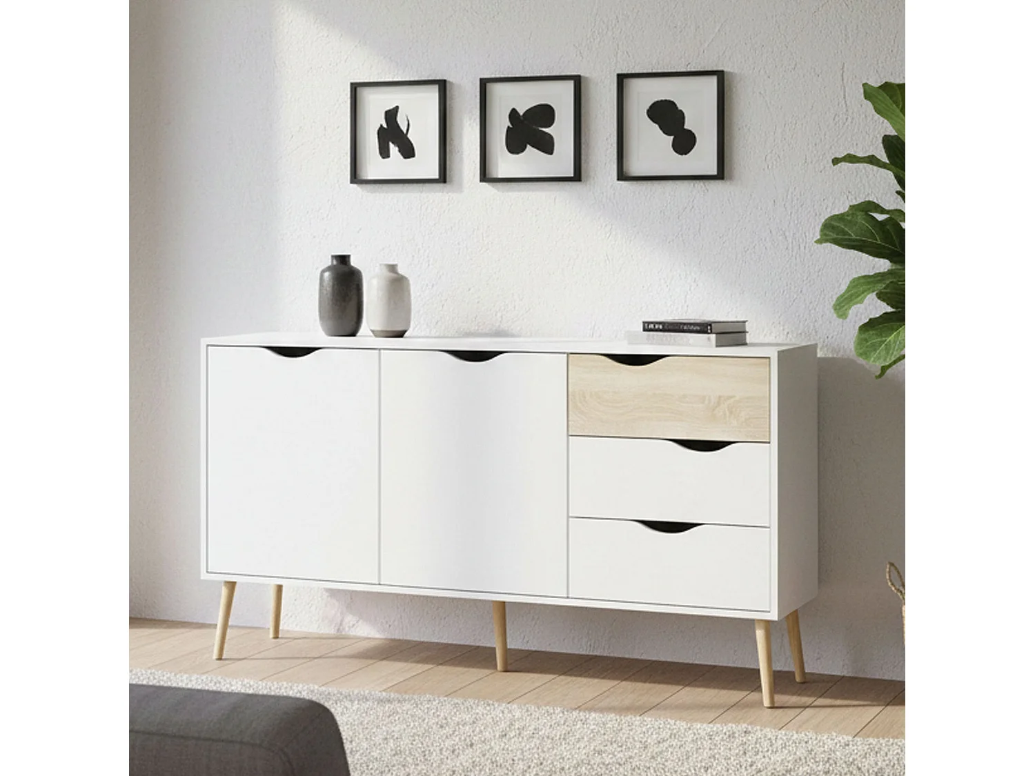 Sideboard mit zwei Türen und drei Schubladen, WeiÃŸ und Eiche, MaÃŸe 147 x 81 x 39 cm