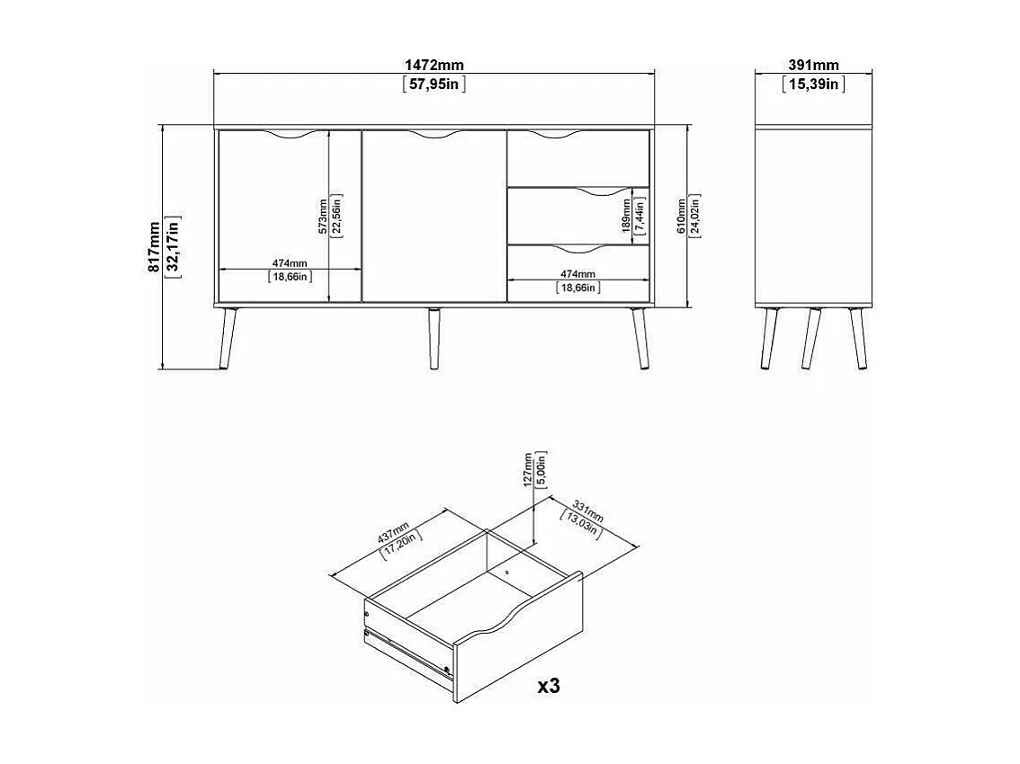 Sideboard mit zwei Türen und drei Schubladen, WeiÃŸ und Eiche, MaÃŸe 147 x 81 x 39 cm