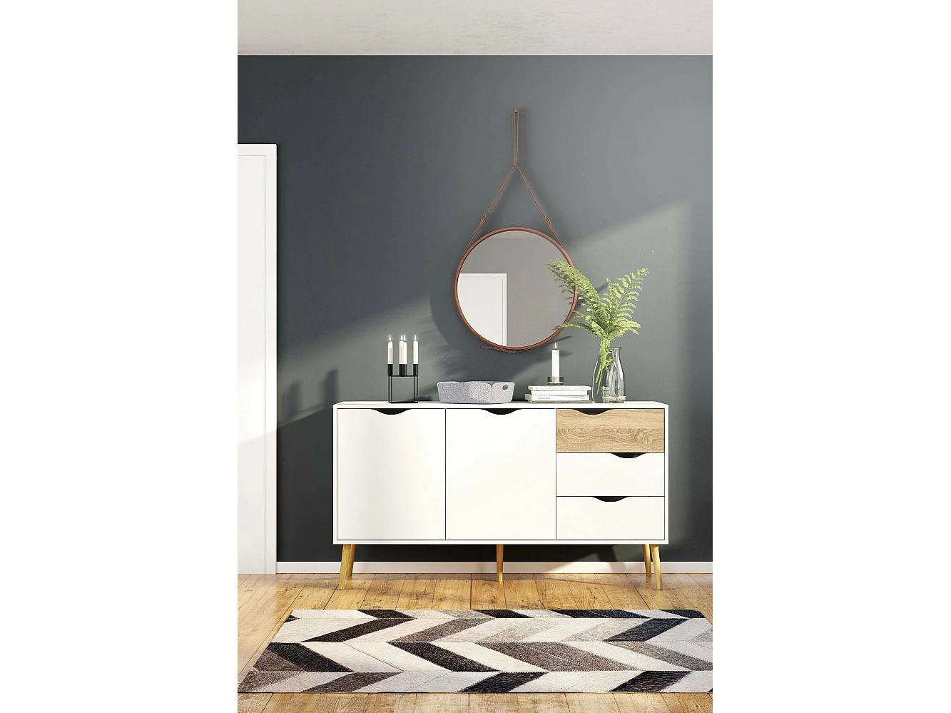 Sideboard mit zwei Türen und drei Schubladen, WeiÃŸ und Eiche, MaÃŸe 147 x 81 x 39 cm