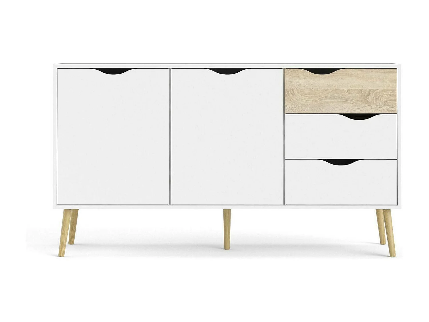 Sideboard mit zwei Türen und drei Schubladen, WeiÃŸ und Eiche, MaÃŸe 147 x 81 x 39 cm