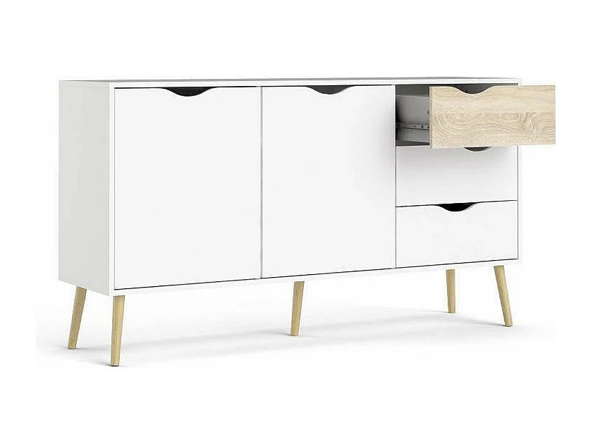 Sideboard mit zwei Türen und drei Schubladen, WeiÃŸ und Eiche, MaÃŸe 147 x 81 x 39 cm