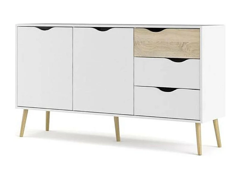 Dressoir met twee deuren en drie laden, wit en eikenhout, afmeting 147 x 81 x 39 cm