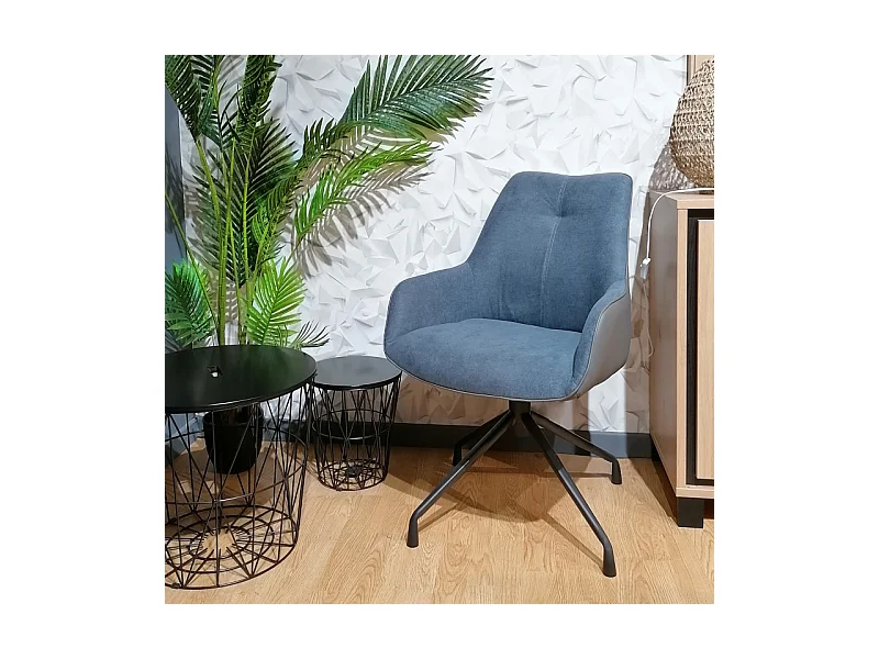 Fauteuil rotatif tissu bleu chiné et simili gris - ELLA