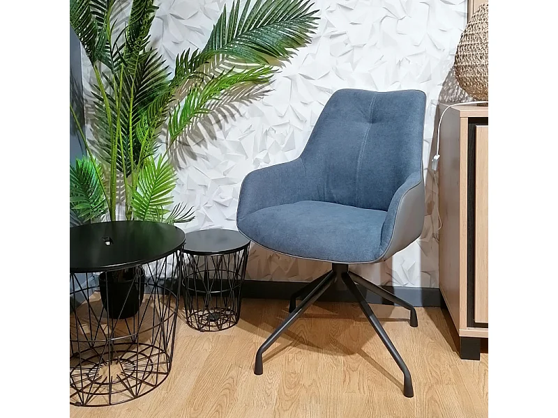 Fauteuil rotatif tissu bleu chiné et simili gris - ELLA