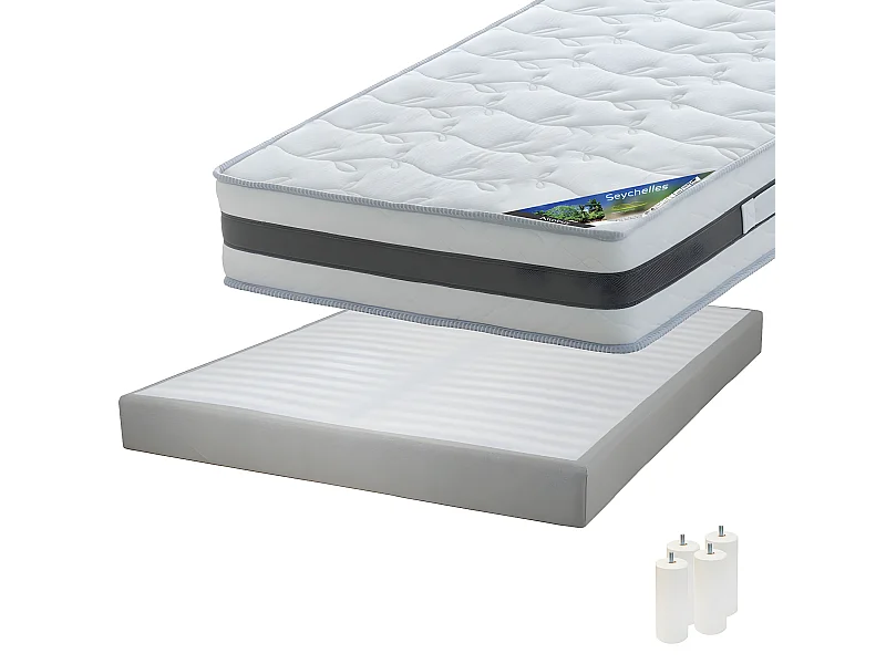 SEYCHELLES - Pack Matelas 140x190 + Sommier Tapissier Démontable 2x20 Lattes Lin + Pieds Blancs 15cm