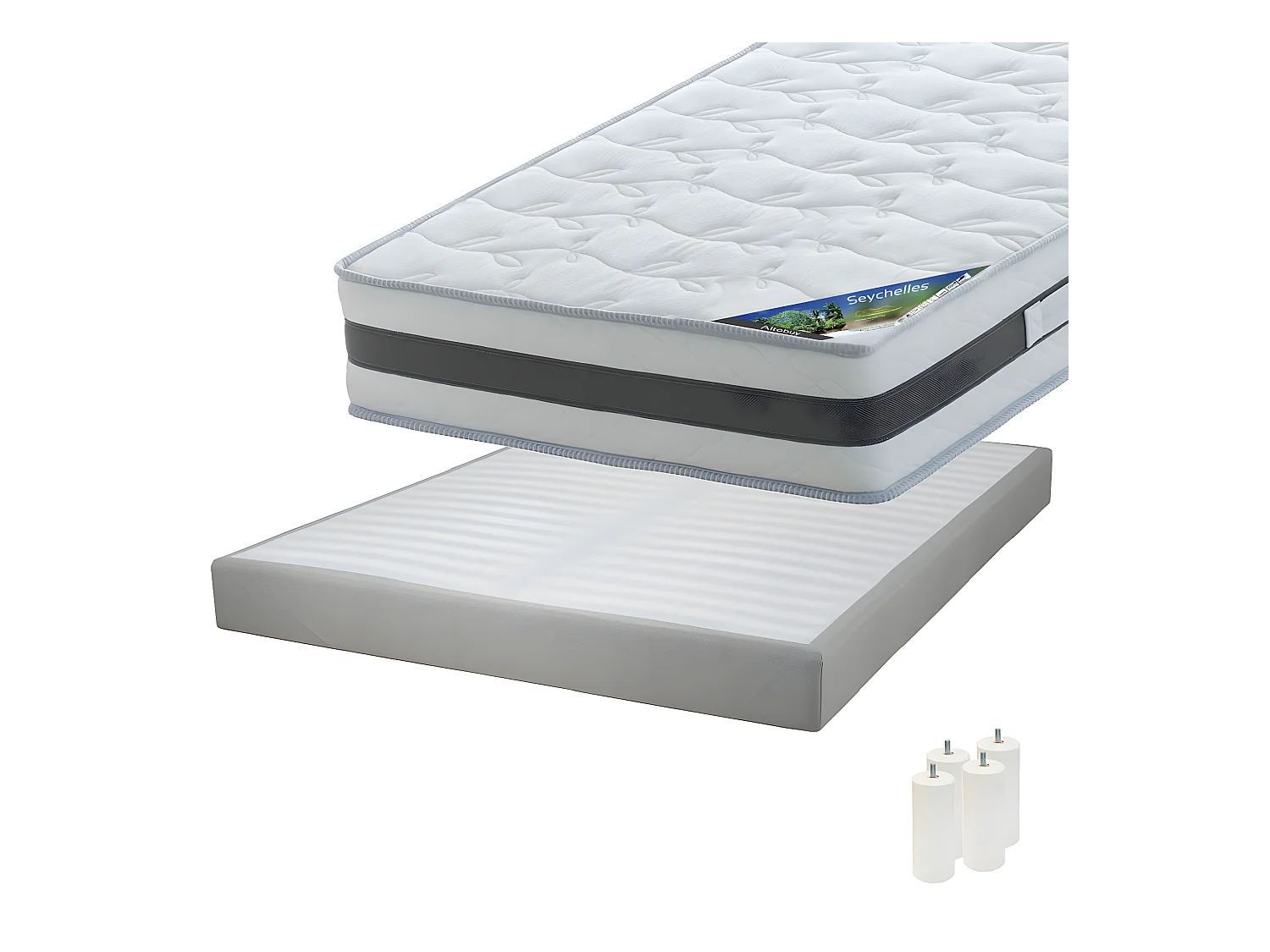 SEYCHELLES - Pack Matelas 160x200 + Sommier Tapissier Démontable 2x20 Lattes Lin + Pieds Blancs 15cm