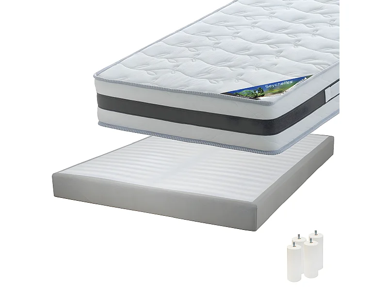 SEYCHELLES - Pack Matelas 160x200 + Sommier Tapissier Démontable 2x20 Lattes Lin + Pieds Blancs 15cm