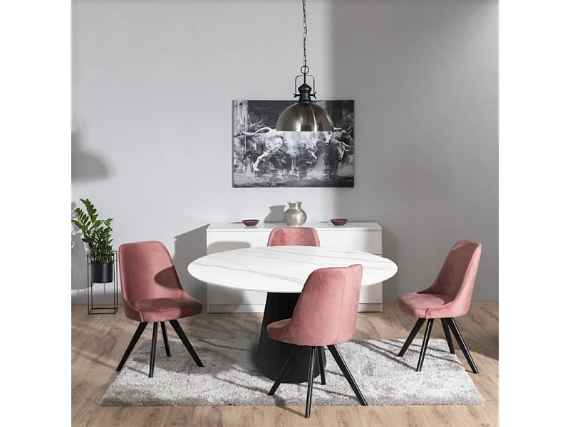 Table de repas ronde 135 cm plateau céramique blanc pied noir - ASHE