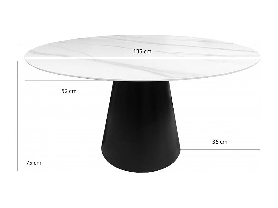 Table de repas ronde 135 cm plateau céramique blanc pied noir - ASHE