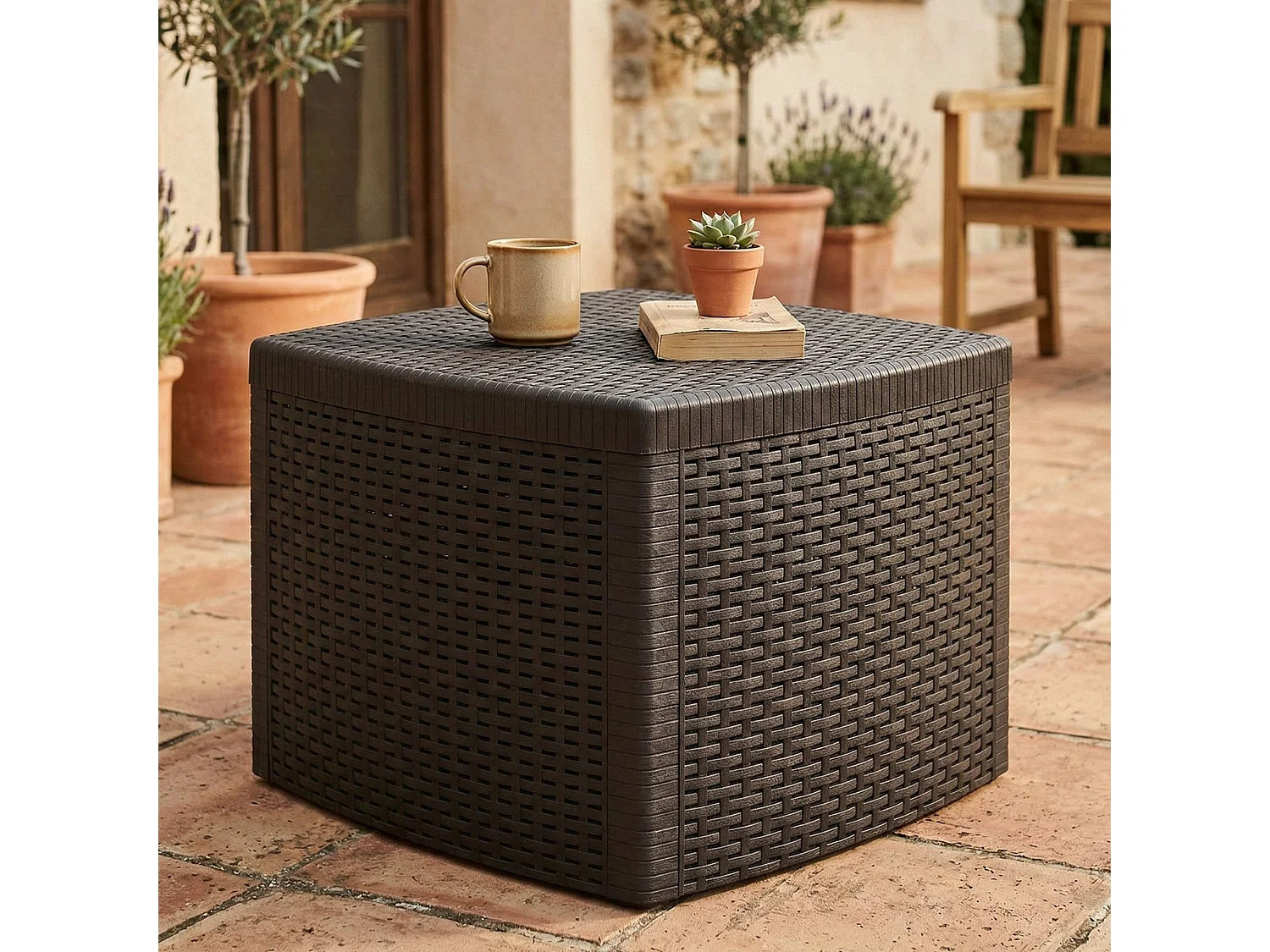Table basse d'extérieur Dcupid, Table de rangement polyvalente, Etagère basse effet rotin, 100% Made in Italy, 53x53h40 cm, Anthracite