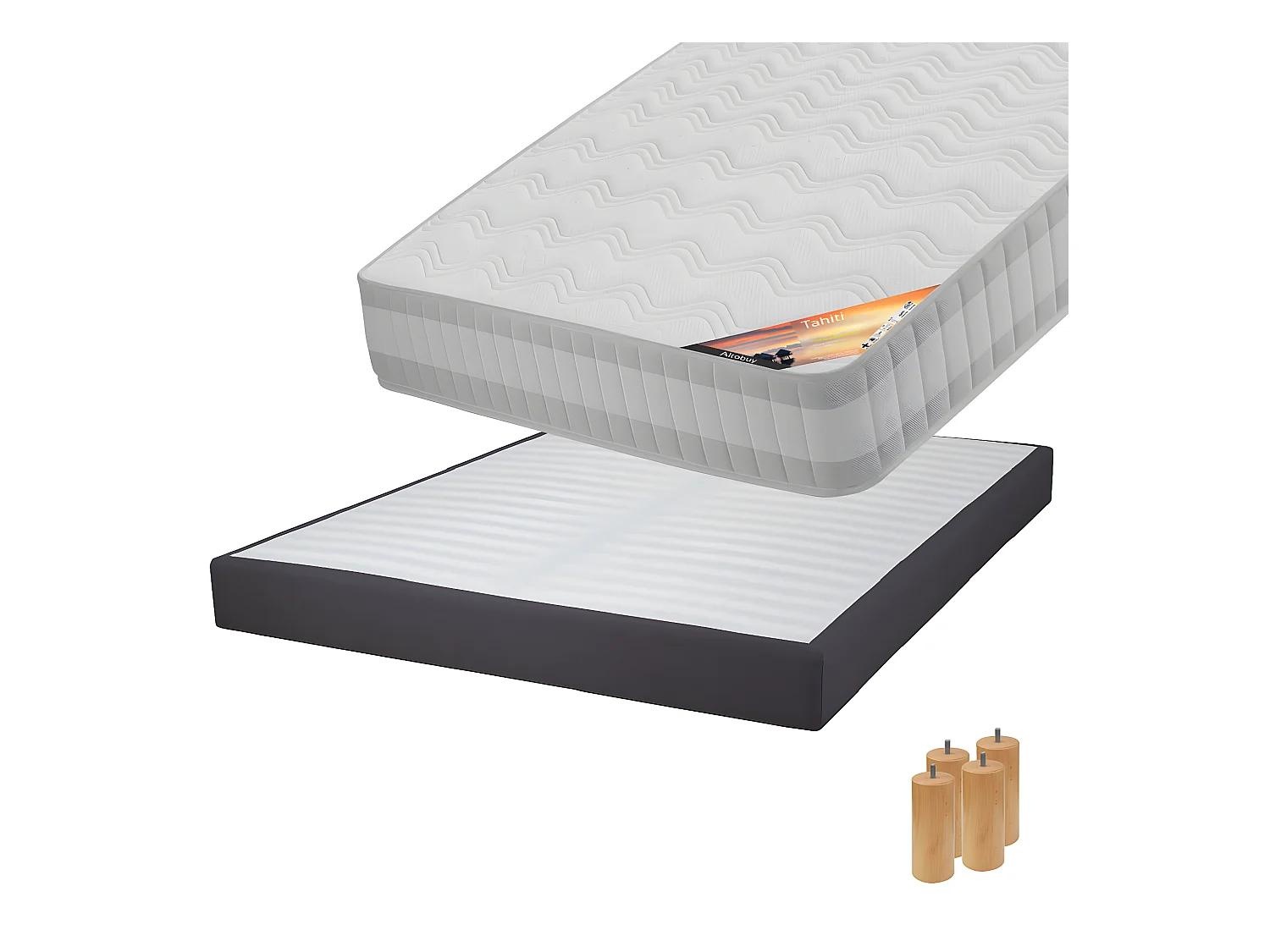 TAHITI - Pack Matelas 160x200 + Sommier Tapissier Démontable 2x20 Lattes Anthracites + Pieds Bois 15cm