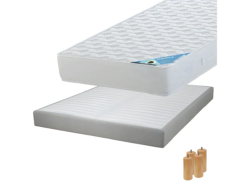 MALDIVES - Pack Matelas 160x200 + Sommier Tapissier Démontable 2x20 Lattes Lin + Pieds Bois 15cm