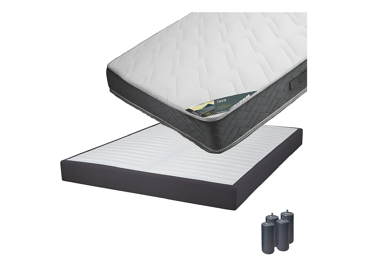 JAVA - Pack Matelas 140x190 + Sommier Tapissier Démontable 2x20 Lattes Anthracites + Pieds Anthracites 15cm
