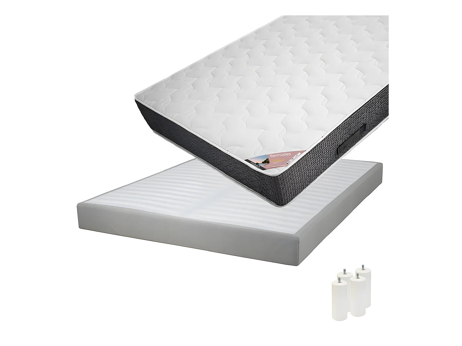 BERMUDES - Pack Matelas 140x190 + Sommier Tapissier Démontable 2x20 Lattes Lin + Pieds Blancs 15cm