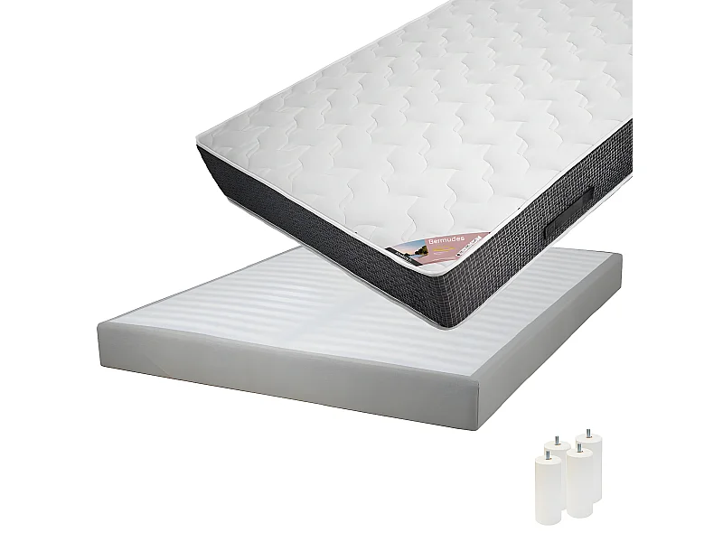 BERMUDES - Pack Matelas 140x190 + Sommier Tapissier Démontable 2x20 Lattes Lin + Pieds Blancs 15cm