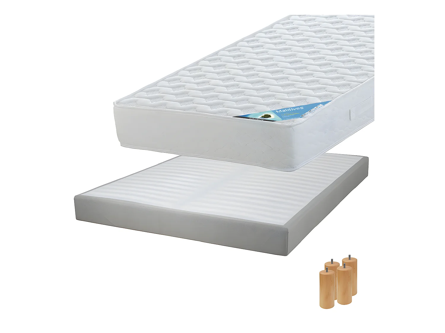 MALDIVES - Pack Matelas 140x190 + Sommier Tapissier Démontable 2x20 Lattes Lin + Pieds Bois 15cm
