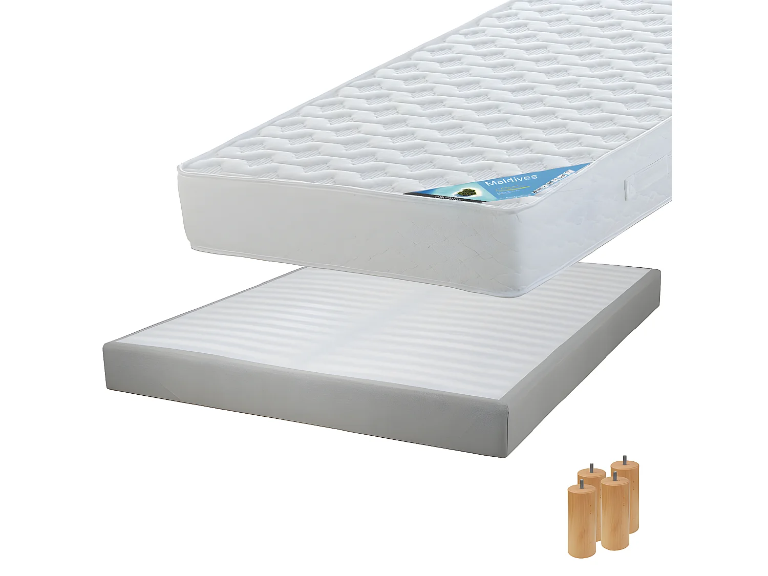MALDIVES - Pack Matelas 140x190 + Sommier Tapissier Démontable 2x20 Lattes Lin + Pieds Bois 15cm