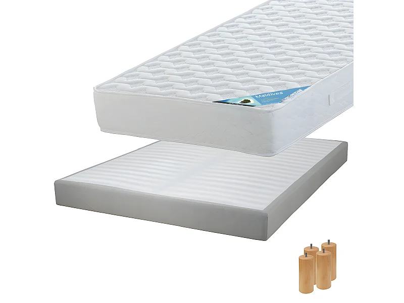 MALDIVES - Pack Matelas 140x190 + Sommier Tapissier Démontable 2x20 Lattes Lin + Pieds Bois 15cm
