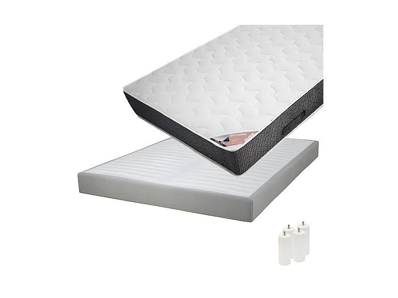 BERMUDES - Pack Matelas 160x200 + Sommier Tapissier Démontable 2x20 Lattes Lin + Pieds Blancs 15cm