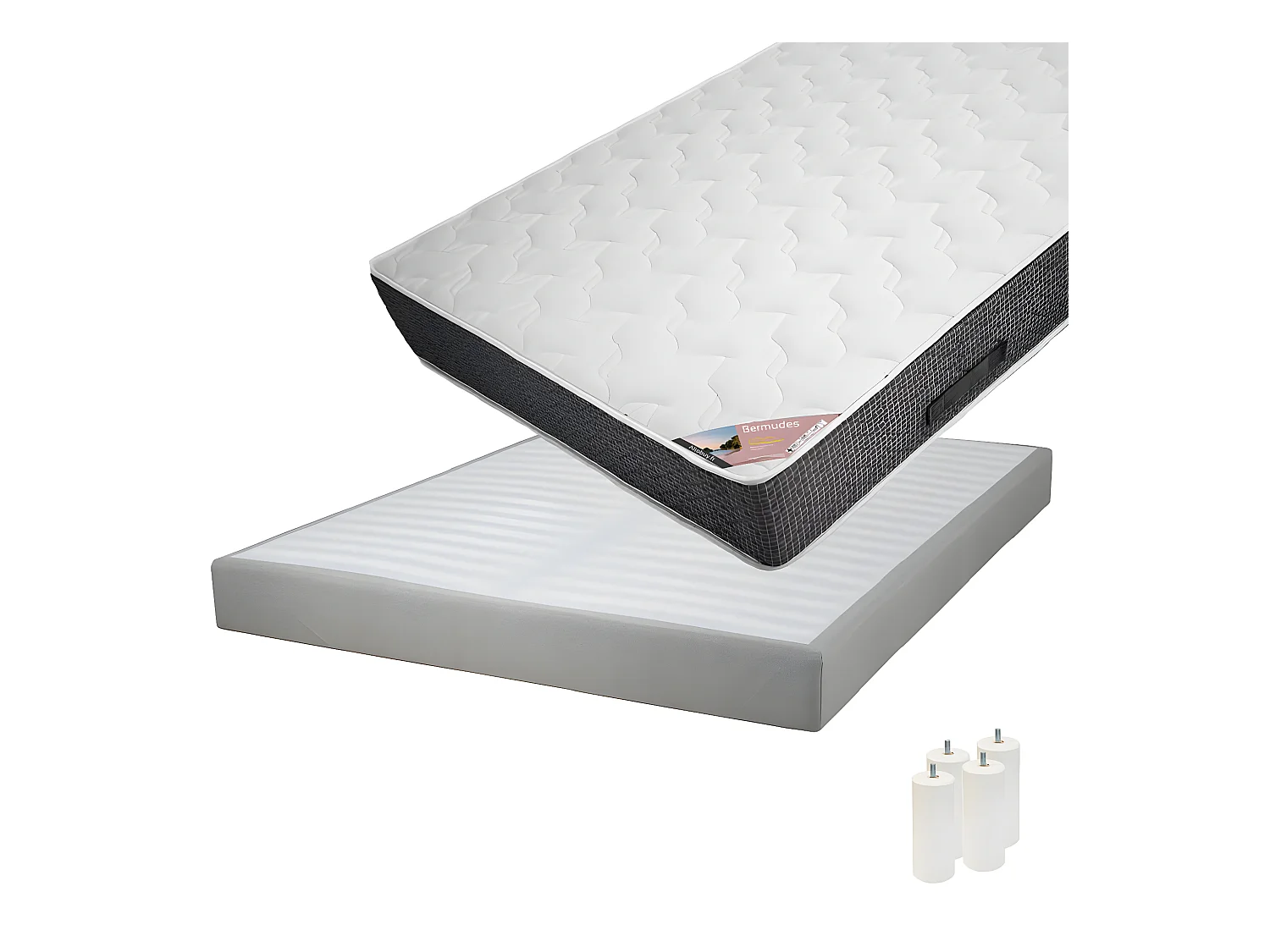 BERMUDES - Pack Matelas 160x200 + Sommier Tapissier Démontable 2x20 Lattes Lin + Pieds Blancs 15cm