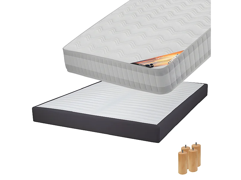 TAHITI - Pack Matelas 140x190 + Sommier Tapissier Démontable 2x20 Lattes Anthracites + Pieds Bois 15cm