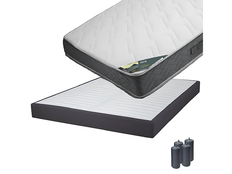 JAVA - Pack Matelas 160x200 + Sommier Tapissier Démontable 2x20 Lattes Anthracites + Pieds Anthracites 15cm