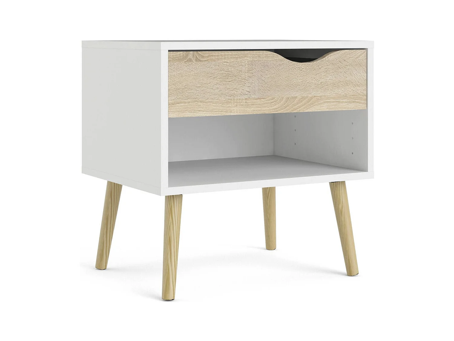 Mesa de cabeceira com uma gaveta e um compartimento de arrumação, cor branco e carvalho, medidas 50 x 49 x 39 cm