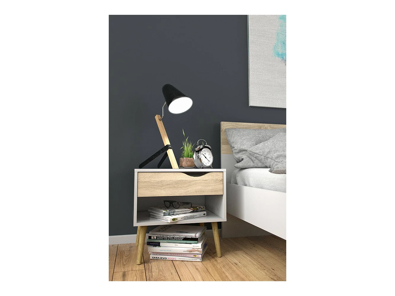 Mesa de cabeceira com uma gaveta e um compartimento de arrumação, cor branco e carvalho, medidas 50 x 49 x 39 cm