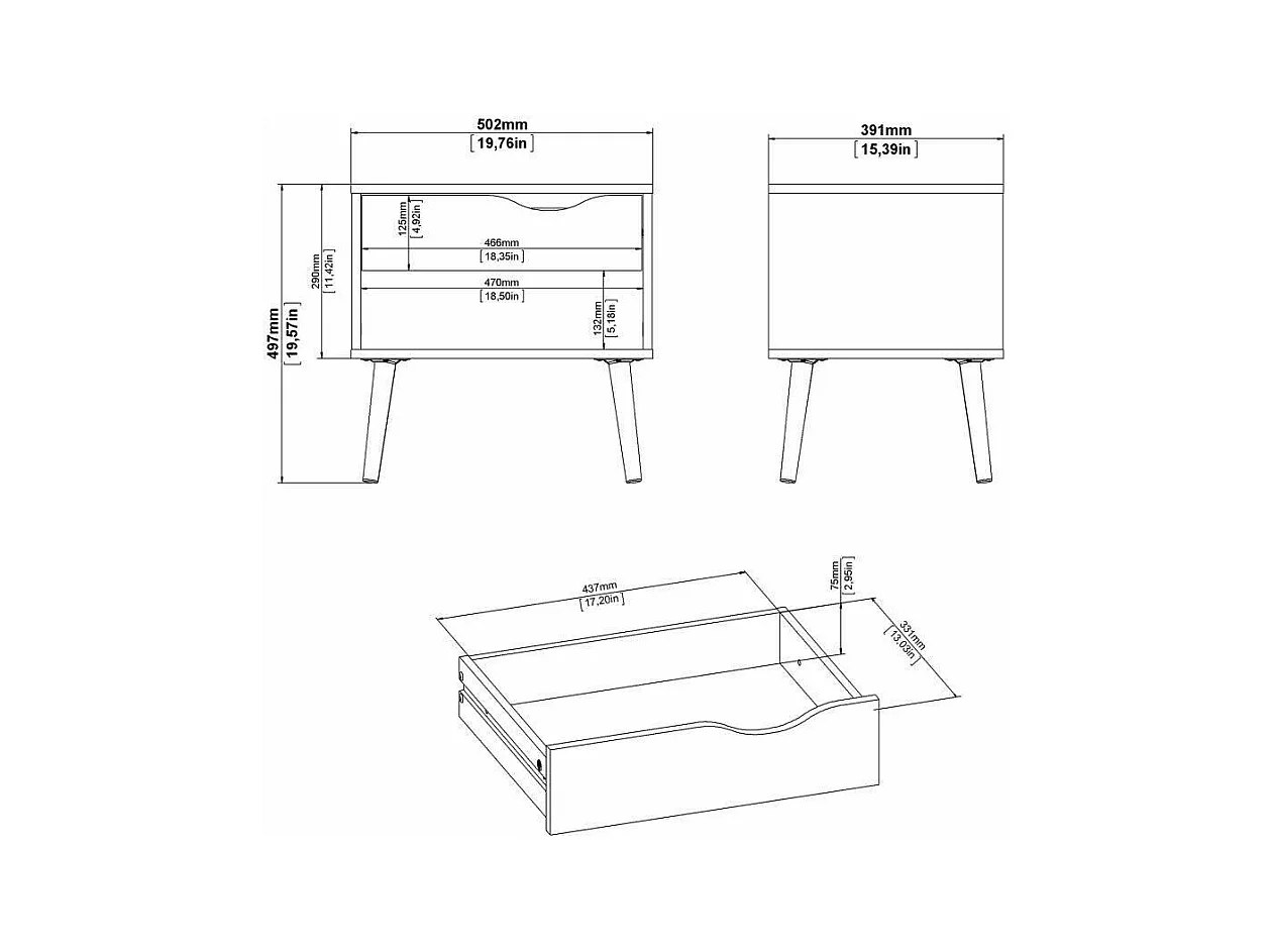 Mesa de cabeceira com uma gaveta e um compartimento de arrumação, cor branco e carvalho, medidas 50 x 49 x 39 cm