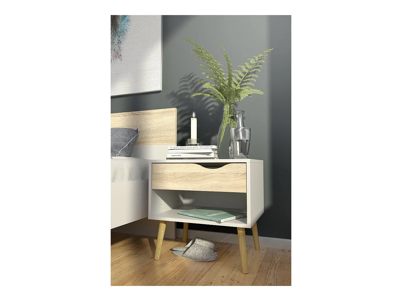 Mesa de cabeceira com uma gaveta e um compartimento de arrumação, cor branco e carvalho, medidas 50 x 49 x 39 cm