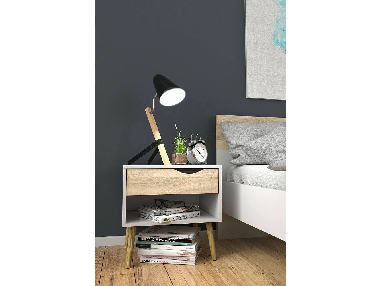 Dmora - Comodino Lucina, 50x39 h49 cm, Bianco e Quercia