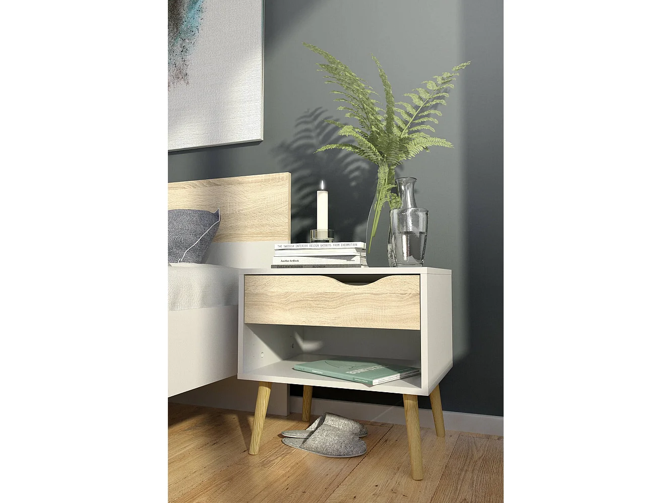 Dmora - Comodino Lucina, 50x39 h49 cm, Bianco e Quercia