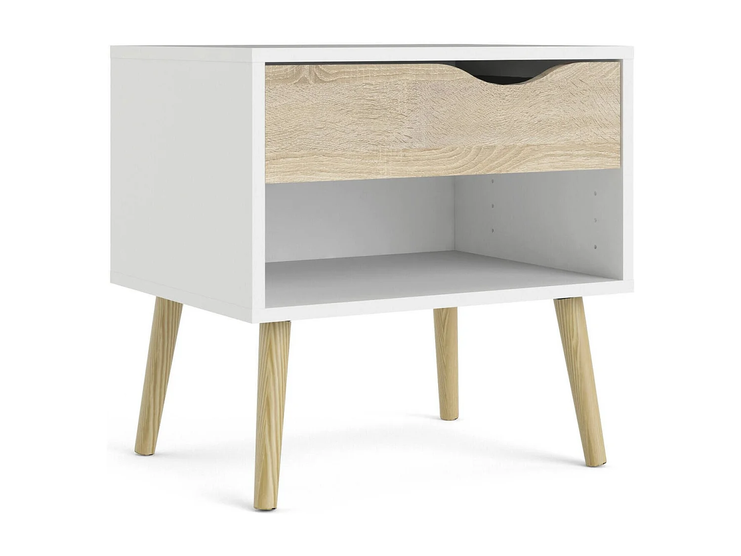 Table de chevet avec un tiroir et un compartiment de rangement, couleur blanc et chêne, Dimensions 50 x 49 x 39 cm