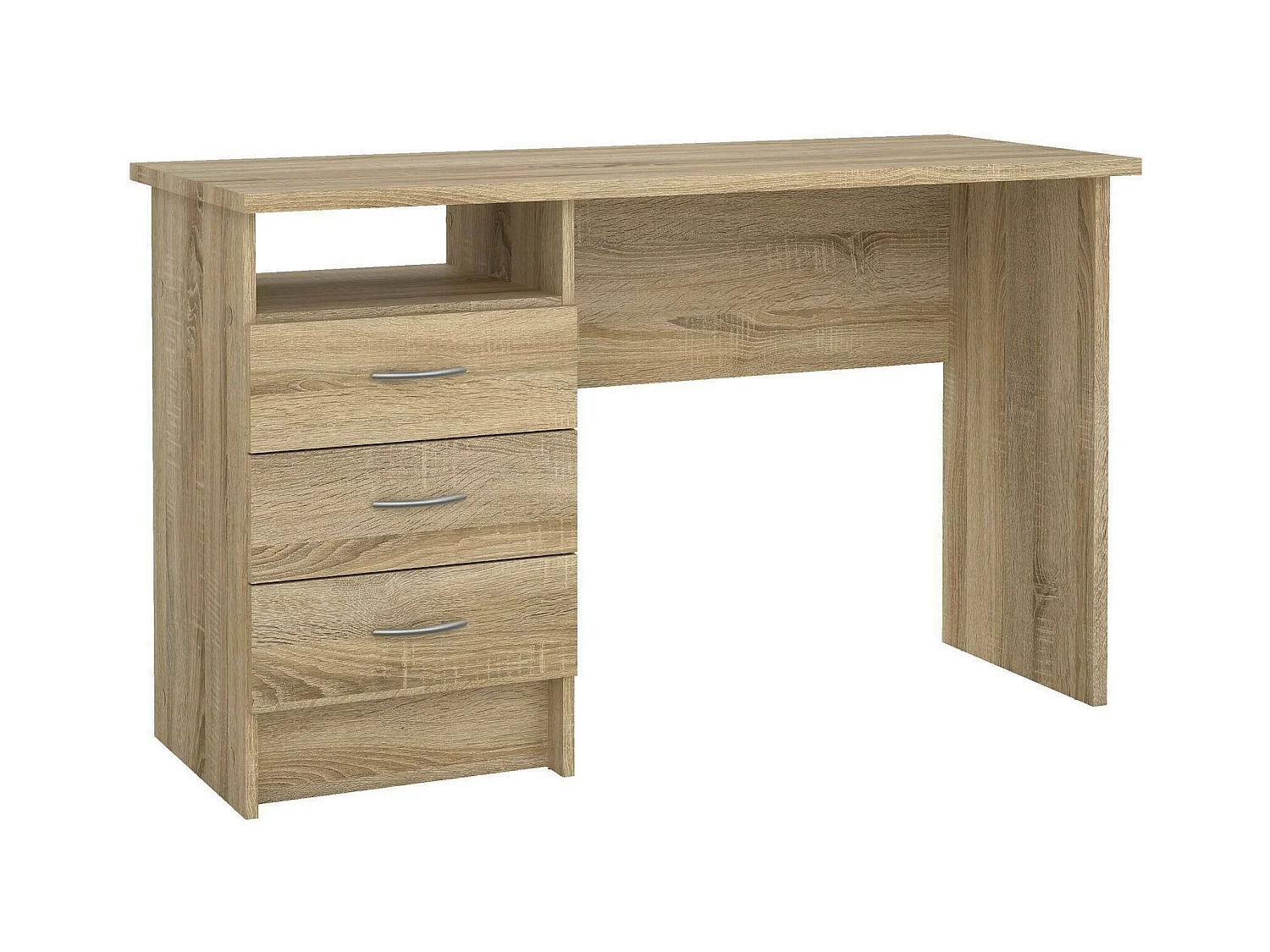 Bureau linéaire à trois tiroirs, couleur chêne, Dimensions 120 x 72 x 48 cm