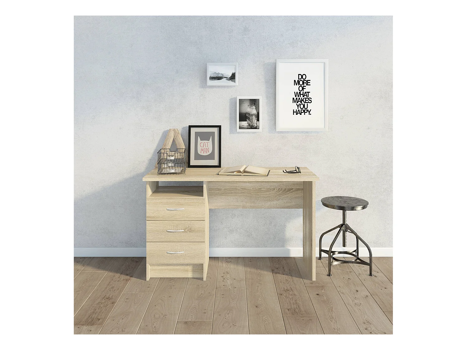 Bureau linéaire à trois tiroirs, couleur chêne, Dimensions 120 x 72 x 48 cm