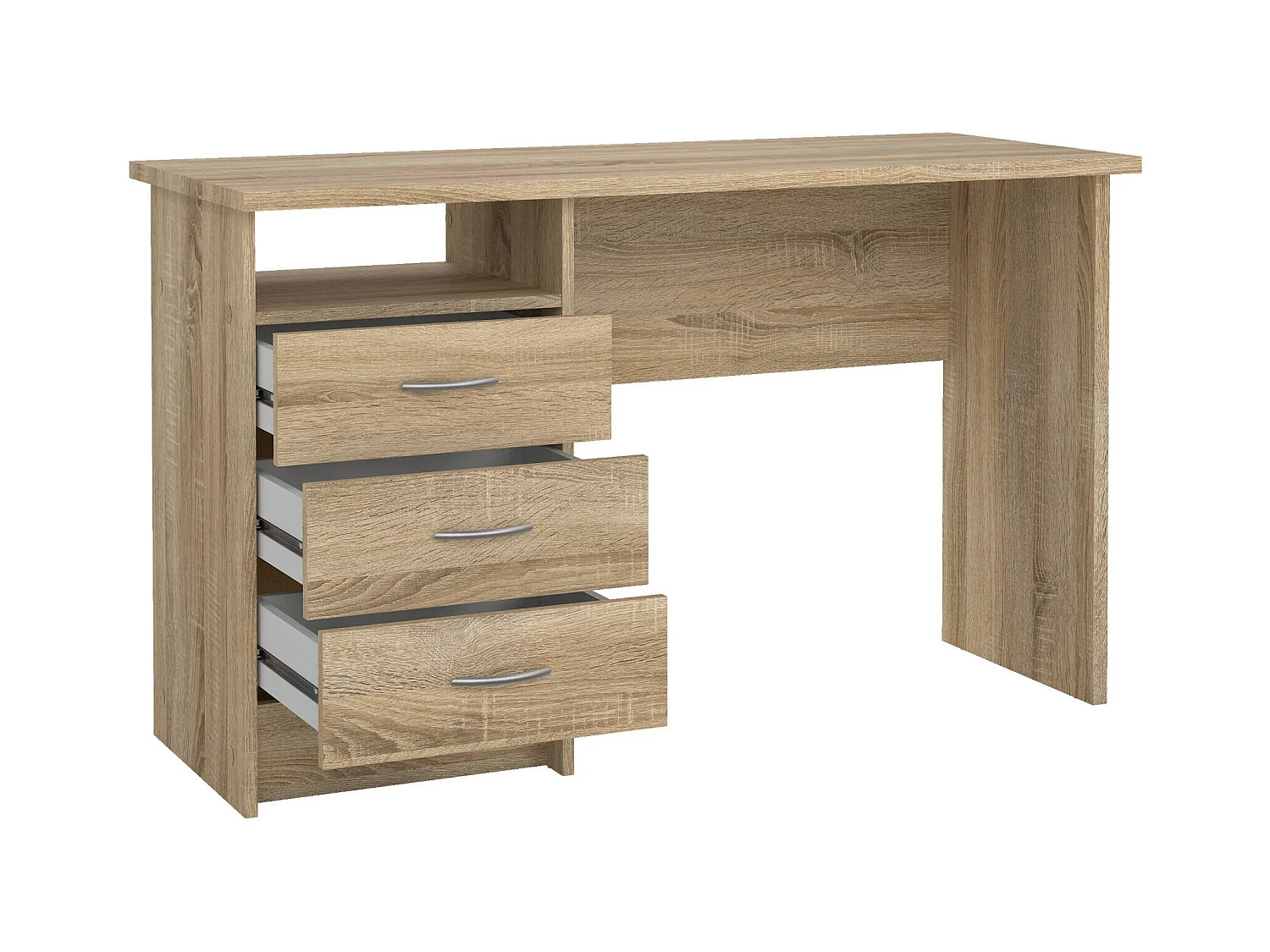 Bureau linéaire à trois tiroirs, couleur chêne, Dimensions 120 x 72 x 48 cm