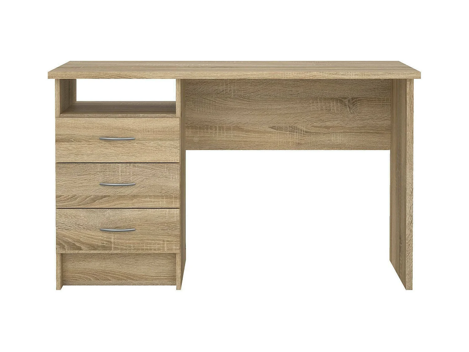 Bureau linéaire à trois tiroirs, couleur chêne, Dimensions 120 x 72 x 48 cm