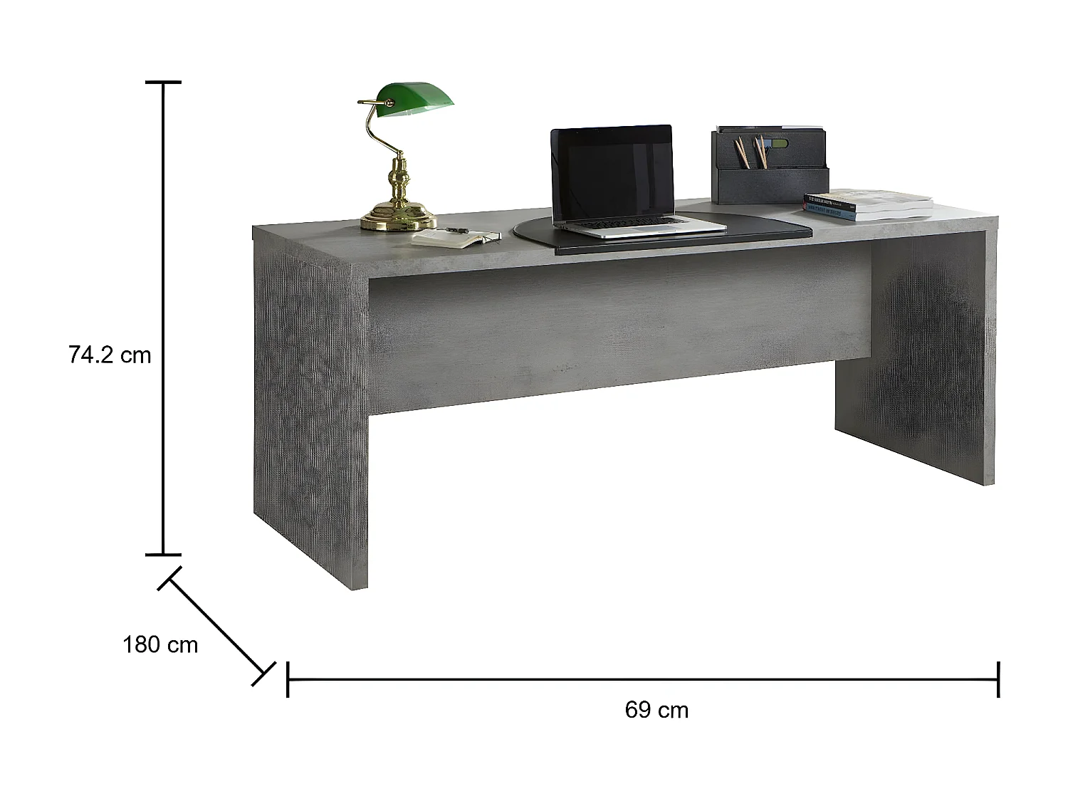 Bureau linéaire pour le bureau et l'étude, table d'ordinateur minimale, bureau de travail, 180 x 69 x h74,2 cm, couleur gris béton