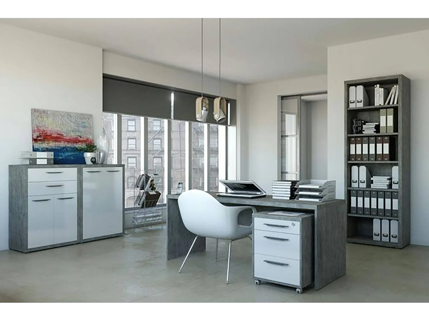 Bureau linéaire pour le bureau et l'étude, table d'ordinateur minimale, bureau de travail, 180 x 69 x h74,2 cm, couleur gris béton