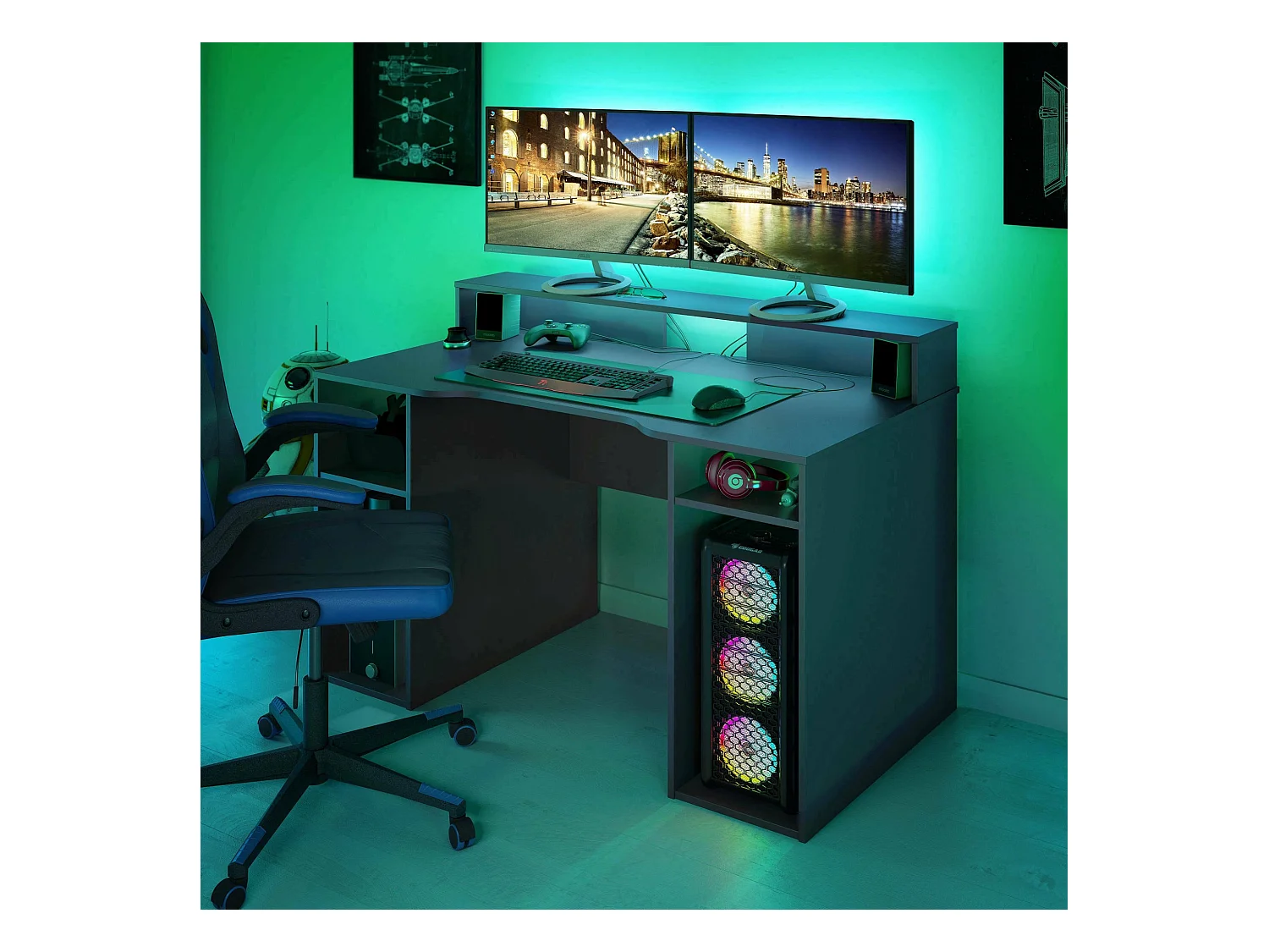 Bureau Dlucum, Bureau de jeu multifonction moderne, Table d'étude pour PC et support CD, Table d'étude avec étagères, 136x67h88 cm, Anthracite