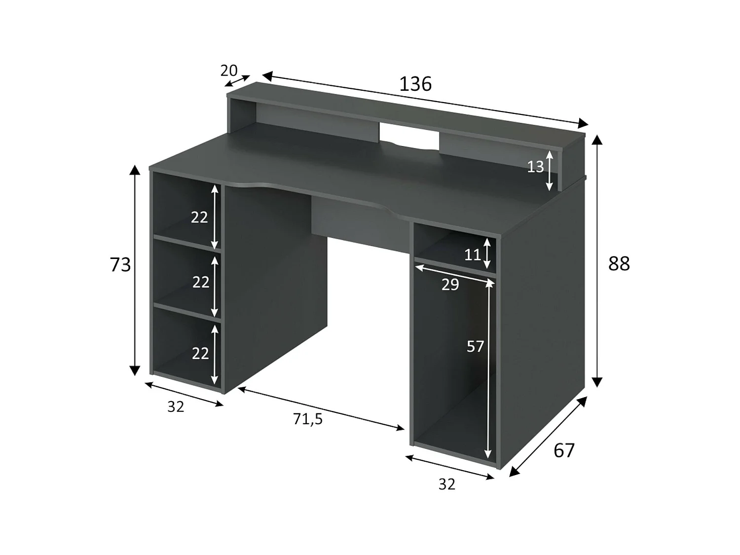 Bureau Dlucum, Bureau de jeu multifonction moderne, Table d'étude pour PC et support CD, Table d'étude avec étagères, 136x67h88 cm, Anthracite