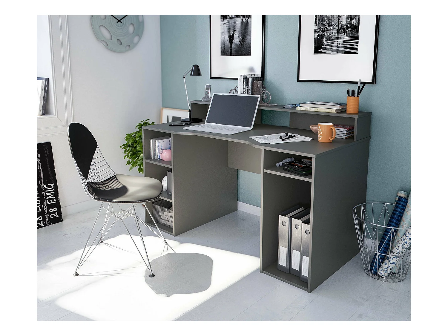 Bureau Dlucum, Bureau de jeu multifonction moderne, Table d'étude pour PC et support CD, Table d'étude avec étagères, 136x67h88 cm, Anthracite