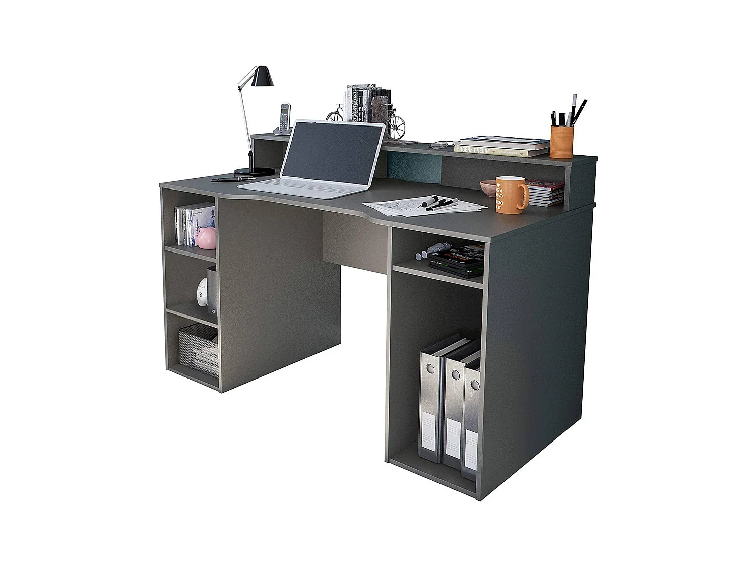 Bureau Dlucum, Bureau de jeu multifonction moderne, Table d'étude pour PC et support CD, Table d'étude avec étagères, 136x67h88 cm, Anthracite