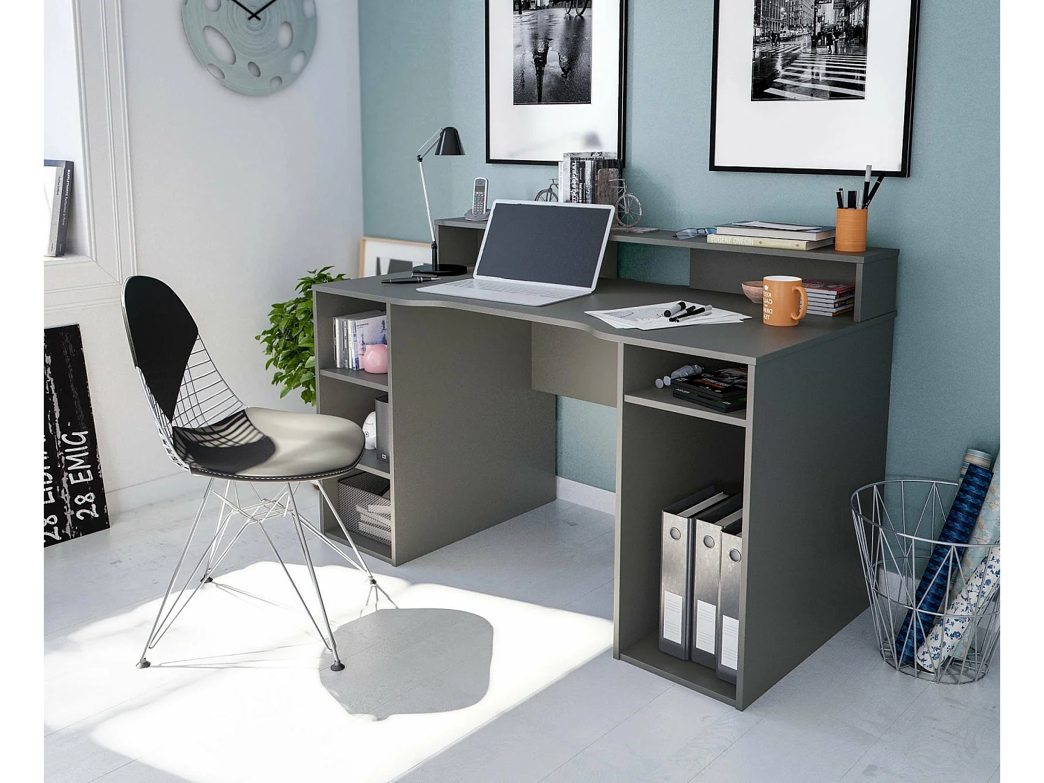 Bureau Dlucum, Bureau moderne de Gaming, Table d'étude pour PC et porte-CD, Table d'étude avec étagères, 136x67h88 cm, Anthracite